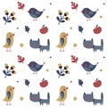 Seamless cute animal autumn pattern made with cat, bird, flower, plant, leaf, cherry Royalty Free Stock Photo