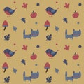 Seamless cute animal autumn pattern made with cat, bird, flower, plant, leaf, cherry Royalty Free Stock Photo