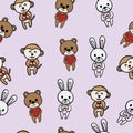 Seamless cute animal pattern background. Doodle style. Valentine