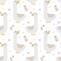 Seamless cute vector animal pattern with goose, flower, plant