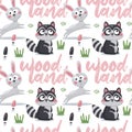 Seamless cute animal pattern with hares, raccoon, mushroom, plant