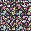 Seamless cute animal pattern made with cat, bird, flower, plant, leaf, berry, heart, friend floral kitten Royalty Free Stock Photo