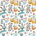 Seamless cute animal pattern made with cat, hare, rabbit, bee, flower, plant, leaf, berry, heart, friend, floral, kitten