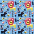 Seamless cute animal pattern made with cat, lion, bird, flower, plant, leaf, berry, heart, friend Royalty Free Stock Photo