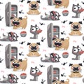 Seamless cute animal pattern with pets: pug dogs, cats and refrigerator, food, sausage, meat
