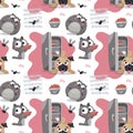 Seamless cute animal pattern with pets: pug dogs, cats and refrigerator, food, sausage, meat Royalty Free Stock Photo