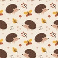 Seamless cute animal vector autumn pattern with hedgehogs, butterfly, leaves, plants, berries, mushroom