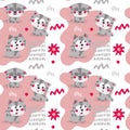 Seamless cute animal vector pattern with cats, flowers and graphic elements