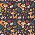 Seamless cute autumn pattern made with fox, bird, flower, plant, leaf, berry, heart, friend, floral, nature, acorn Royalty Free Stock Photo