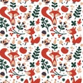 Seamless cute autumn pattern made with fox, bird, flower, plant, leaf, berry, heart, friend, floral, nature, acorn Royalty Free Stock Photo