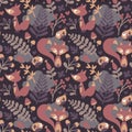 Seamless cute autumn pattern made with fox, bird, flower, plant, leaf, berry, heart, friend floral nature acorn Rowan Royalty Free Stock Photo