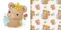 The seamless of the cute bear look at back and holding the red rose on her hand