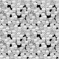 Seamless cute black and white cupcake doodle pattern. It includes yummy deserts with icing, cherry, strawberry, cream