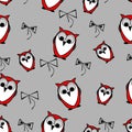 Seamless red owls birds pattern background with bows Royalty Free Stock Photo