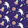 Seamless cute cartoon space pattern with astronaut, spaceship, UFO, planets, stars, moon, comet, constellation Royalty Free Stock Photo