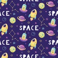 Seamless cute cartoon space pattern with spaceship, UFO, planets, stars, moon, comet, Saturn, constellation Royalty Free Stock Photo