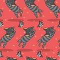Seamless cute cat is catching butterfly pattern. Royalty Free Stock Photo