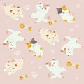 The seamless of cute cat sleeping set. cat sleeping on the pink background.The pattern of footstep and fishbone on the pink Royalty Free Stock Photo