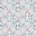 Seamless cute cats pattern with leaves and hearts on a grey background Royalty Free Stock Photo