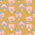 seamless cute celebrated baby pig blue pastel cartoon background pattern vector hand draw doodle comic art illustration Royalty Free Stock Photo