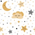 Seamless cute children pattern with baby golden stars cloud moon Kids texture background Vector illustration