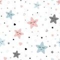 Seamless cute children pattern with stars hearts Kids texture fabri wallpaper background Vector illustration