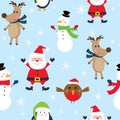 Seamless cute Christmas character, santa, snowman, reindeer, penguin, and robin design Royalty Free Stock Photo