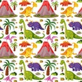 Seamless cute dinosaurs and volcano isolated on white background Royalty Free Stock Photo
