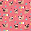 Seamless cute dog pattern with dogs, pugs, pet, puppy, paw, flowers, woof Royalty Free Stock Photo