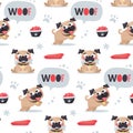 Seamless cute dog pattern with pugs, pet, puppy, woof, dog food, chicken leg, meat, sausages, paw