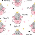 Seamless cute elephant princess pattern. Baby print Royalty Free Stock Photo