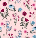 Seamless cute floral pattern. Blue and Pink flowers. Flower pattern on pink background. Floral background. Royalty Free Stock Photo