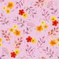 Seamless cute floral pattern with ditsy naive flowers and leaves. Watercolour Royalty Free Stock Photo