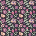 Seamless cute floral pattern with owls, flowers, plants, leaf, berry heart