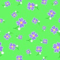 Seamless cute floral spting pattern background. Blue flower pattern on green background. Mothers Day, 8 March