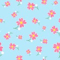 Seamless cute floral spting pattern background. Pink flower pattern on blue mint background. Mothers Day, 8 March