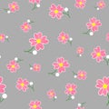 Seamless cute floral spting pattern background. Pink flower pattern on gray background. Mothers Day, 8 March