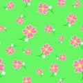 Seamless cute floral spting pattern background. Pink flower pattern on green background. Mothers Day, 8 March