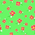 Seamless cute floral spting pattern background. Red flower pattern on green background. Mothers Day, 8 March