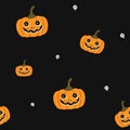 Seamless cute Hallowen pattern of craft pumpkins and white skull on black background flat vector illustration. Spooky wallpaper,