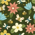 Seamless cute hand-draw bright pattern with flowers, butterfly, bee, dragonfly Royalty Free Stock Photo