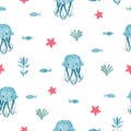 Seamless cute jellyfish pattern. Vector watercolor sea illustration Royalty Free Stock Photo