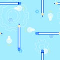 Seamless cute light bulb with pencil wood color back to school education concept repeat pattern in bright blue background