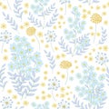 Seamless cute little flowers ornament. Delicate blue yellow on white background