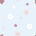 seamless cute lovely pink and white cherry blossom sakura peach plum flower repeat pattern in bright blue background