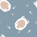 Seamless cute lovely white cat with foot print paw and fish bone repeat pattern in blue background