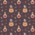 Seamless cute vector magical autumn pattern with leaves, berries, branches, plants, magic pot, bubble, wings, stars