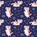 Seamless cute magical celestial vector pattern with unicorns, constellation, stars, sky, esoteric elements, wings