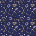 Seamless cute magical celestial vector pattern with unicorns, constellation, stars, sky, esoteric elements, wings