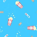 Seamless cute minimal cinema movie with popcorn,movie ticket and 3d glasses cartoon repeat pattern background